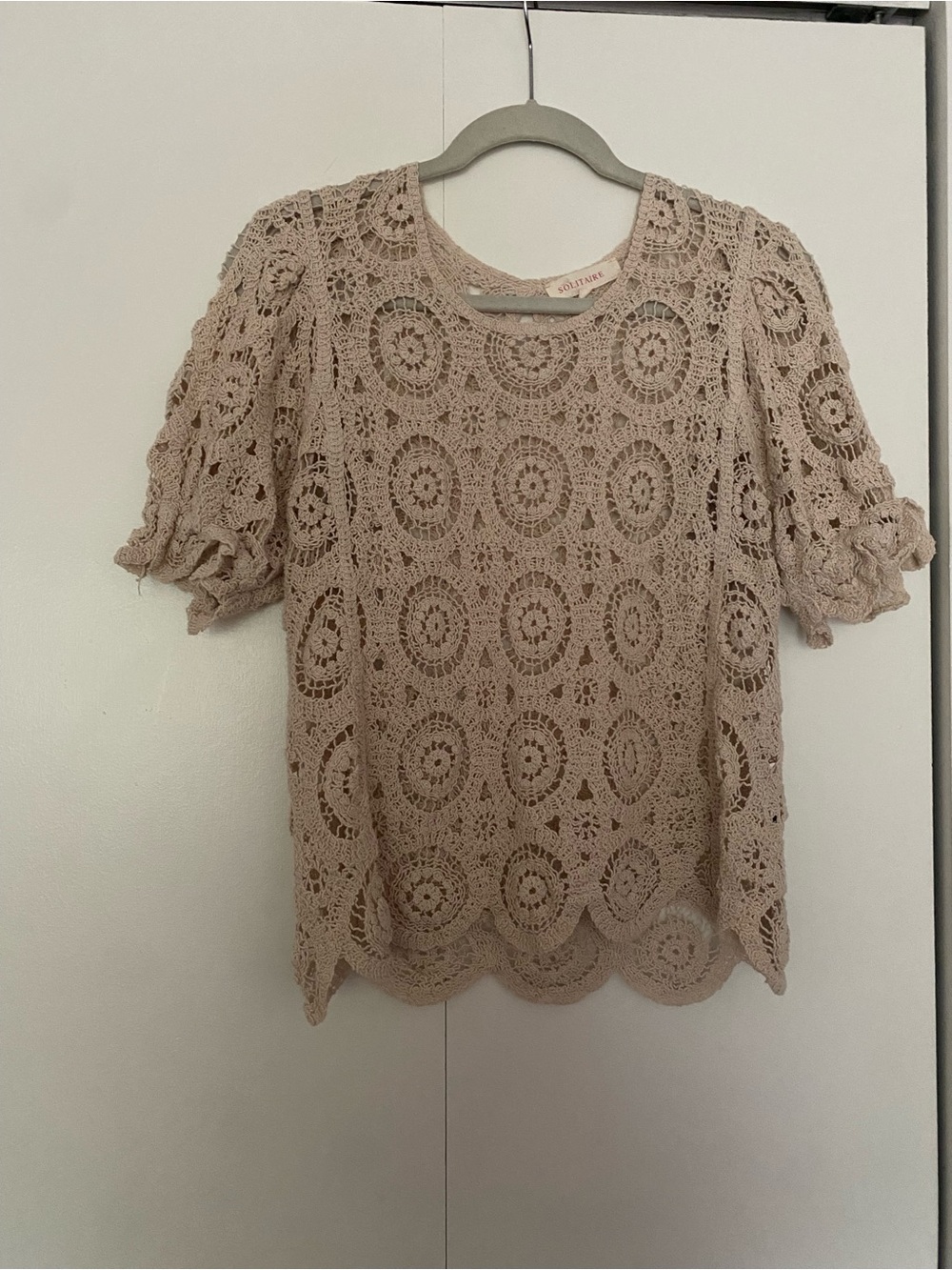 Solitaire Crochet Puff-Sleeve Top, women’s medium